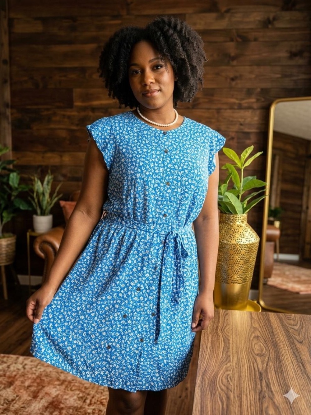 LOFT Blue White Floral Tie-Waist Midi Dress